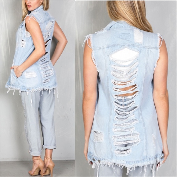🔴LAST 1🔴 SLASHED BACK DISTRESSED DENIM VEST - Picture 2 of 3